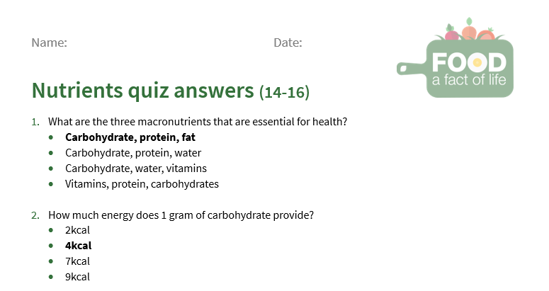 Nutrient quiz answers