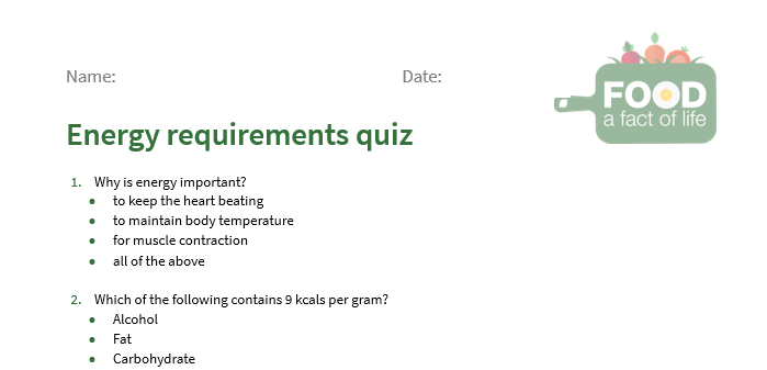 Energy requirements quiz (11-14)