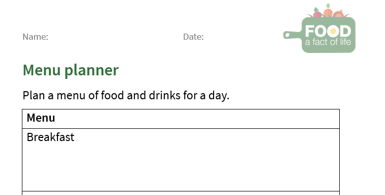Menu planner worksheet (7-11)