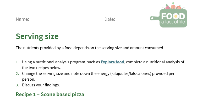 Serving sizes worksheet (11-14)